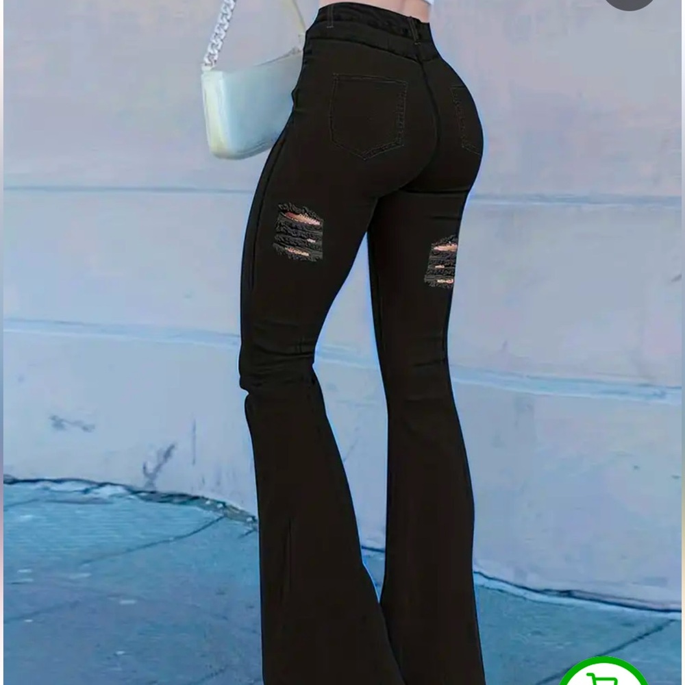 BLACK RIPPED FLARE JEANS - Picture 3 of 4